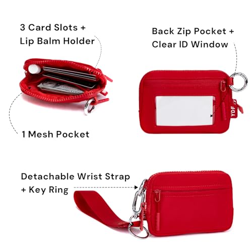 Small Wristlet Wallets for Women with Clear ID Window, Keychain Coin Purse - color: Red