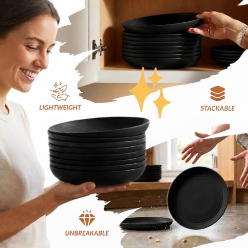 Homienly Wheat Straw Plates Sets 8 PCS Unbreakable Plastic Plates for Party, Camping, Picnic, Stackable Deep Dinner Plates Set Microwave & Dishwasher Safe Kitchen Plates for Dessert (Black, 9 inch) - color: Black, size: 9 Inch