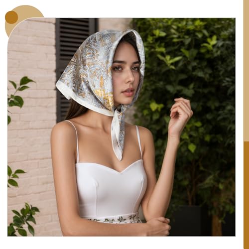 Seawhisper Premium Printed Satin Silk-Like Neck Scarf for Women Square 26" - color: Gold