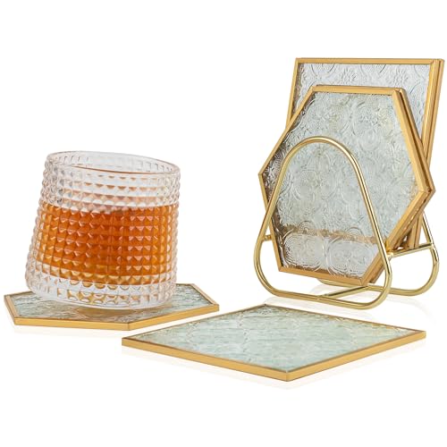 Glass Gold Coasters for Drinks with Holder, 6 Pcs Cup Coaster Set with Carved Glass Stylish for Coffee Tea Wine Coasters for Bar with Brass Edge Hexagon and Square Coasters Home Decor - color: Square and Hexagonal Coasters With Holder