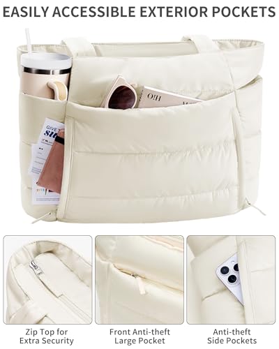 Bagstellar Puffer Tote Bag for Women, Lightweight Puffy Travel Gym Work Bag - color: Cream