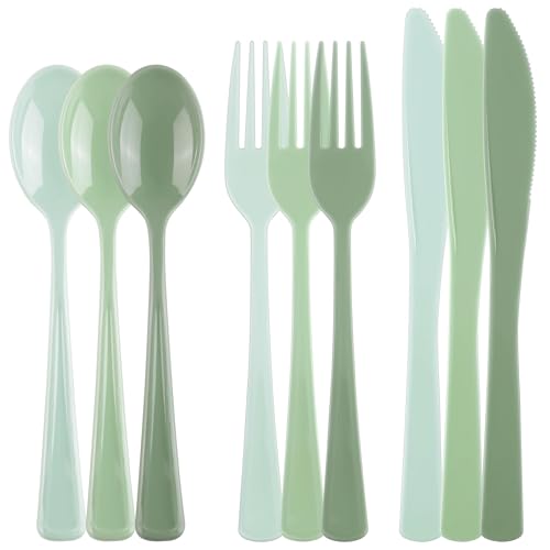 Kochorie 300 Pieces Sage Green Plastic Silverware with Spoons Forks Knives - color: Sage Green