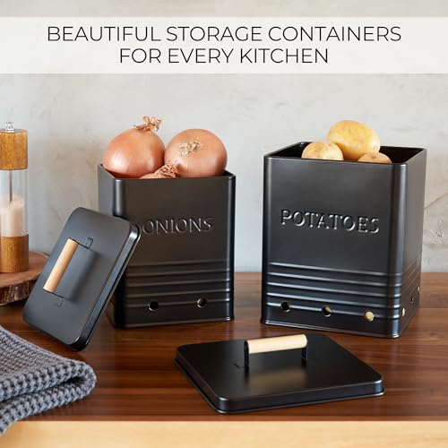Beautiful Potato and Onion Storage Container Set - Food Safe Metal Bins - color: Black