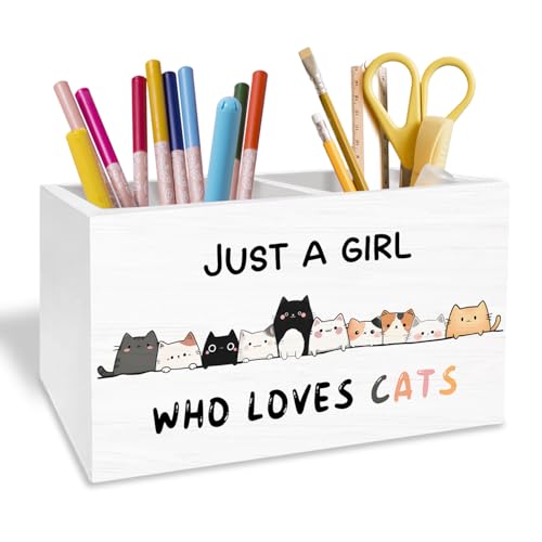 Funny Cat Pen Holder for Desk, Cat Lover Lady Mom Owner Gifts Pencil Organizer, Just a Girl Who Loves Cats Wooden Box Sign Desk Decor for Home Office Decoration - color: CAT
