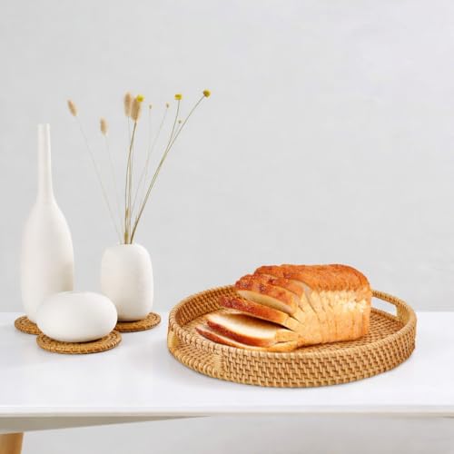 Round Rattan Serving Tray Set (2 Nesting Sizes) with Handles, 4 Coasters Included, Handwoven Boho Wicker Organizer for Coffee Table or Ottoman, 14.2 x 2.3 in and 11.9 x 1.7 in