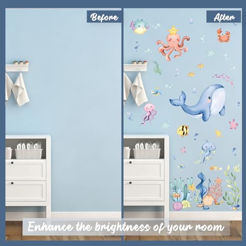 Ocean Animals Wall Decals - 9 Sheets 67Pcs Under the Sea Wall Stickers Sea Creature Peel and Stick Wallpaper Ocean Themed Fish Wall Decals for Kids Bedroom Living Room Bathroom Decoration - color: Ocean Animals