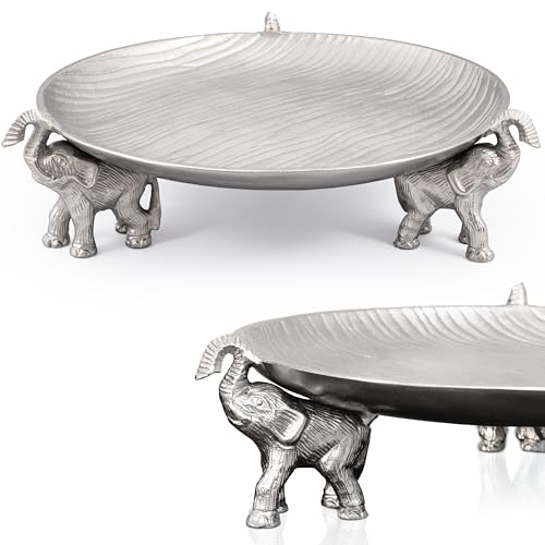 Silvery Tray with Elephant Stand - Round Decorative Aluminum Coffee Table - color: Silvery