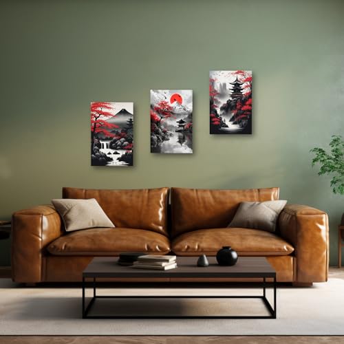 PBXBJY Japanese Canvas Wall Art 3 Pieces Japanese Landscape Painting Prints Red and Black Cherry Blossom Trees Building Pictures Living Room Office Decor Frame (24x36inchx3Pcs) - color: Black, size: 24x36inchx3Pcs