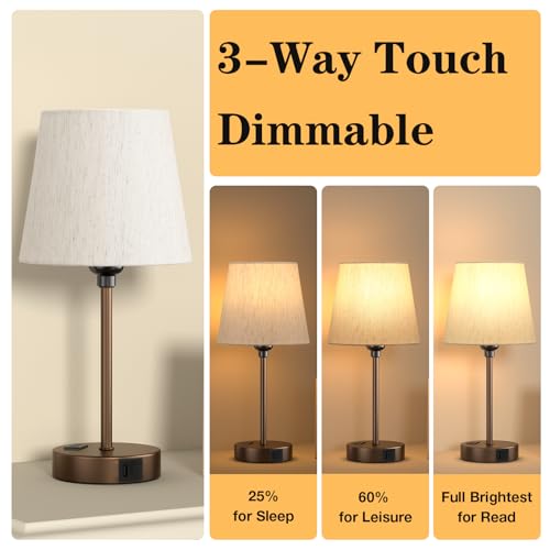 Brown Bedside Lamps Set 2 for Bedroom - Dimmable Touch, USB C+A, AC Outlet - color: Brown