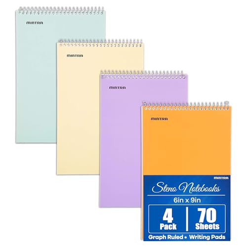 Mintra Office Steno Books Set - Top-Spiral Bound, Graph Ruled, 70 White Sheets, Poly Pastel Color Covered Notebooks for Office, Professional, School & Work, Note-taking, Writing Pads, 6"x9", 4 Pack - color: Pastel Colors 4pk, size: Graph Ruled