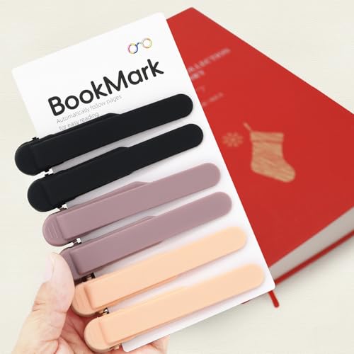 SMUK 6 Pieces Automatic Silicone Bookmarks, Page Holder Clip Bookmarks for Reading Women Men Book Lovers, Book Page Keeper Book Markers Reading Accessories Gifts - color: 2 Black+ 2 Light Coffee+ 2 Beige