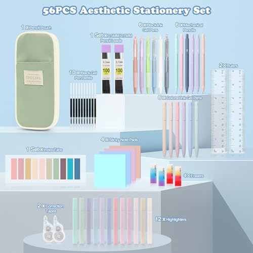 MoKo Pencil Case with Supplies, 56Pcs Aesthetic School Set, Green - color: Green-56P