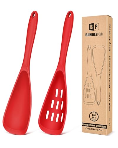 BUNDLEPRO Silicone Cooking Spoons for Nonstick Cookware, One-Piece, 2 Pack - color: Red