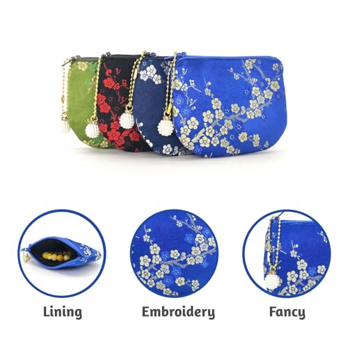 Handmade Women Coin Purse Brocade Rosary Bag Silk Jewelry Pouch Zipper Wallet - Blue - color: Blue