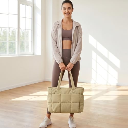 Puffer Tote Bag for Women, Quilted Multi-Pocket Lightweight Shoulder Bag for Work, Travel, Gym - color: Khaki