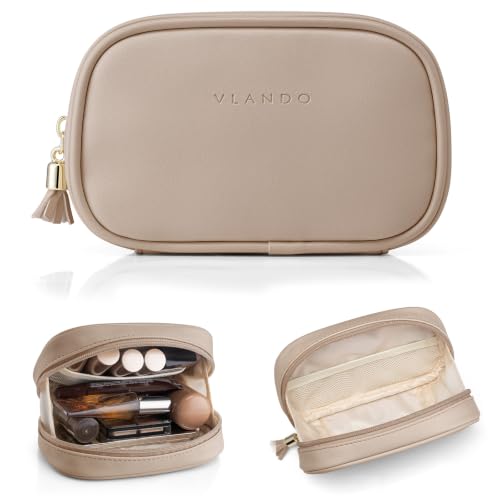 VLANDO Travel Makeup Pouch,PU Leather Pouch with Interior Pockets,Toffee - color: Small-Toffee