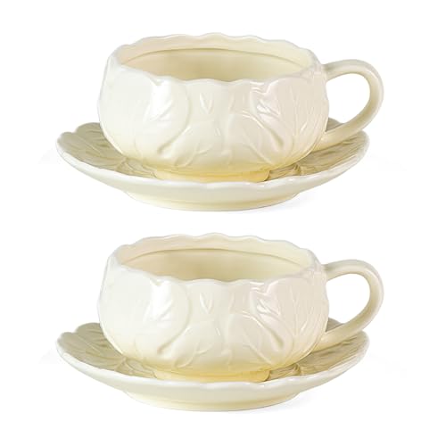 KAMMAK Tea Cups and Saucers Set of 2, 10 oz Porcelain Coffee Cups, SY005 - size: 8CZSY005