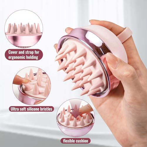 SHINLEA 2 in 1 Scalp Massager Hair Growth,Scalp Scrubber with Soft Silicone Bristles for Dandruff Removal,Shampoo Brush for Exfoliation,Head Massager for Both Wet and Dry Use (Pink) - color: Pink