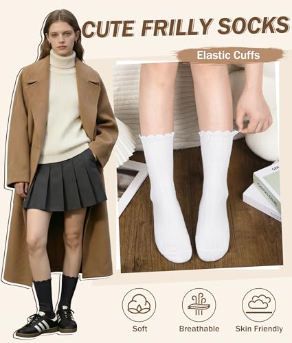 Justay 6 Pairs Ruffle Socks Women, Crew Cotton Frilly Boot Socks - color: Black Brown Coffee White Beige Grey