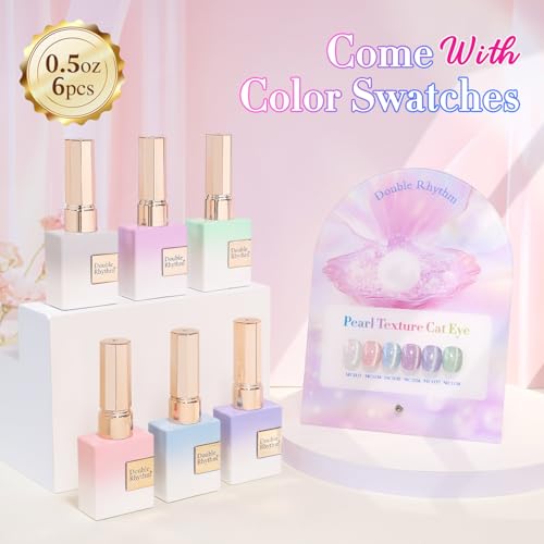 Double Rhythm Cat Eye Gel Nail Polish Set of 6 Same Color Same Bottle 0.5 Oz Shimmer Glitter with Magnet Holographic Reflective Magnetic UV Nail Polish Kit (Pearl Pink Blue Green Purple-T6-36) - color: Pearl Mermaid