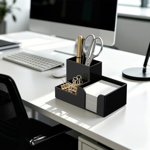 HBlife Acrylic Pen Holder for Desk, 3-Compartment Small Desk Organizer, Black Office Supplies Desk Accessories with Sticky Notes Holder Stores Post It Notes 3X3 for Office, Home and School - color: Black, size: 6.35”x 3.35” x 3.6”