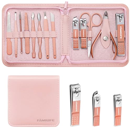 FAMILIFE Manicure Set, Professional Nail Kit Stainless Steel Nail Clipper Set, 13PCS Beauty Tools Manicure Kit Pedicure Tools, with Portable Pink Leather Travel Case for Her - color: Pink