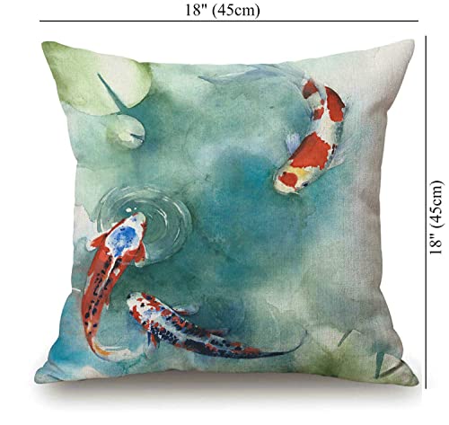 Solekla Colorful Carp Fish Japanese Symbol Pond Watercolor Painting Orange Asian Rustic Farmhouse Decorative Throw Pillow Cover Square Cushion Case for Home Sofa Couch Decoration 18 x 18 Inches - color: Sl210