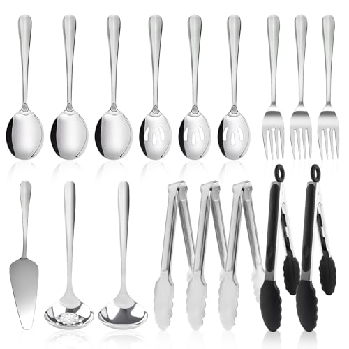 17PCS Serving Spoons and Utensils Set, Stainless Steel Serveware Silver - color: Silver