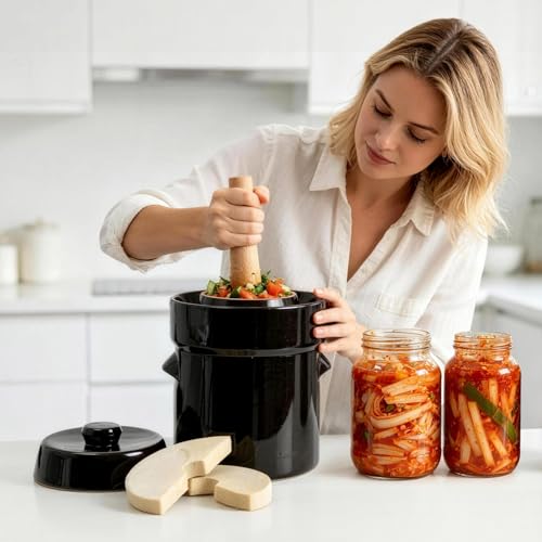 SEEUTEK Fermentation Crock Jar 1/2 Gallon for Sauerkraut Pickling Kimchi - size: 2L