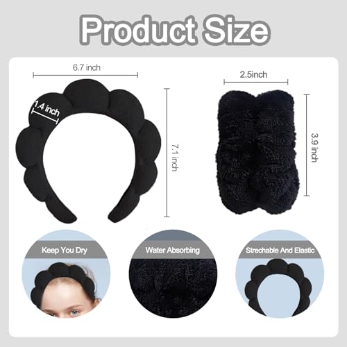 Beleki Spa Headband for Washing Face, Sponge Makeup Skincare Headband & Wristband Set Non Slip Headbands Soft Puffy Headwear Hair Accessories for Women Girls, Black - color: Black