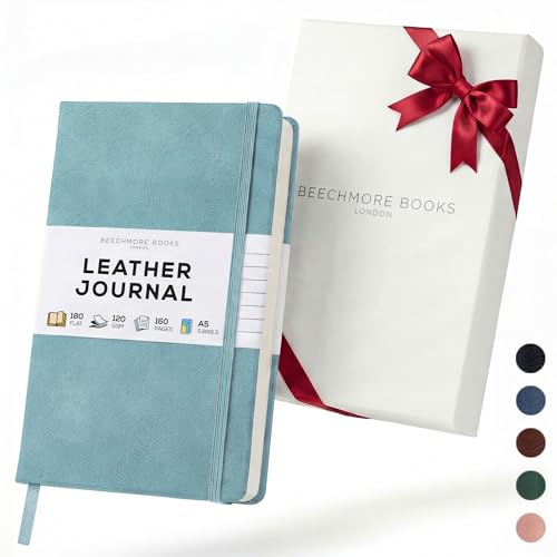BEECHMORE BOOKS A5 5x8 Lined Leather Journal For Men, 120 GSM with Gift Box - color: Arctic Teal, size: A5 - 5.8" x 8.3" Medium