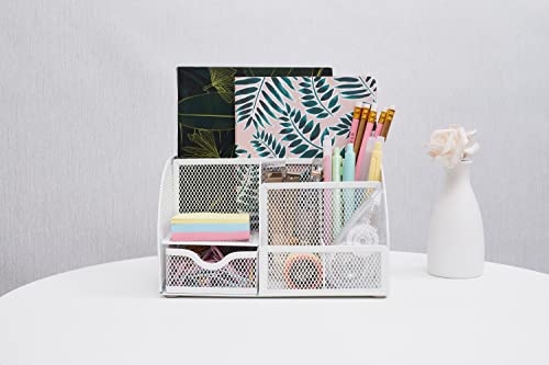 Annova Mesh Desk Organizer Office with 7 Compartments + Drawer/Desk Tidy Candy/Pen Holder/Multifunctional Organizer (White) - color: White