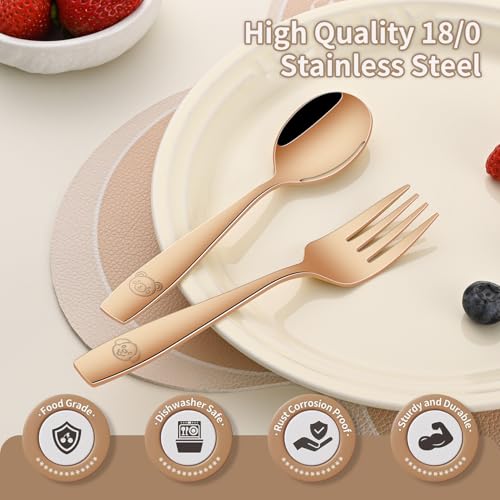 DEHOV Rose Gold Toddler Eating Utensils Set,Set Of 12 Food Grade Stainless Steel Silverware Sets For Kids,Dishwasher Safe Children Small Metal Spoons And Forks Flatware Sets - color: Rose Gold