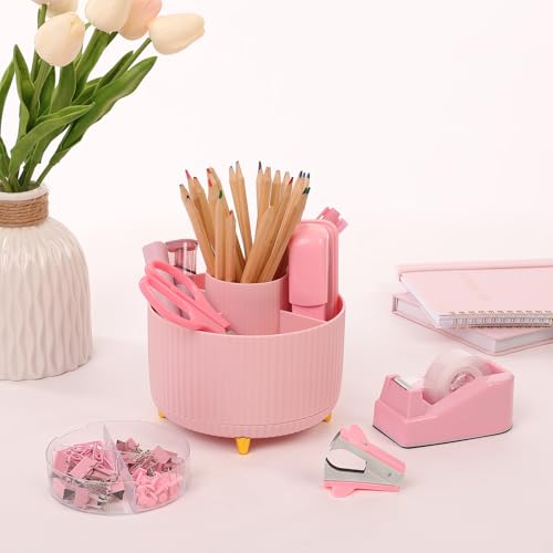 SKYDUE Pink Desk Accessories 11Pcs with Rotating Pen Holder for Desk - color: Pink