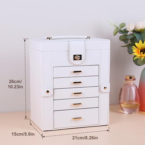 Kendal Jewelry Box, 6-Layer Jewelry Storage Organizer for Necklace Bracelet Rings Watch, 10.2"x8.2"x6" Classic PU Leather 5 Drawers Large Storage Capacity with Mirror - color: White, size: Medium(10.2"x8.2"x6")
