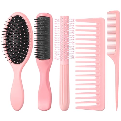 5Pcs Pink Hair Brushes for Women Hair Comb Set Detangler Brush for Men and Women Wet, Dry, Curly and Straight Hair - color: Pink