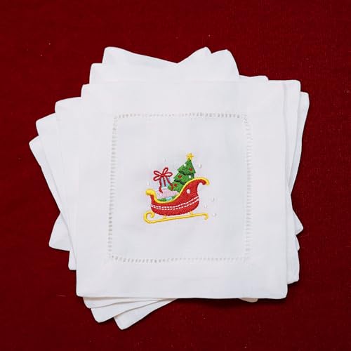 100% Linen Cocktail Napkins with Eembroidery Christmas Sleigh 6 Pack Cloth Coaster for Xmas Parties Kitchen Coffee Bar Gift Ladder Hemstitch Snowy Sleighride Square Fabric Napkins (6"x6") - color: Sleigh