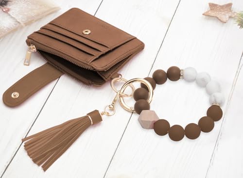 COOLANS Silicone Bracelet Wristlet Wallet Credit Card Holder RFID ID Window Key Ring Tassel Slim Wallet Women Keychain Purse - color: Dark Brown