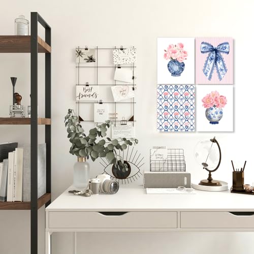 LUKIPOM Chinoiserie Pink Hydrangea Wall Art Poster, Coquette Blue Bow Grandmillennial Floral Wall Decor Gifts for Women Teen Girls Home Bedroom Living Room，12x16in Set of 4 Unframed - color: Color 007