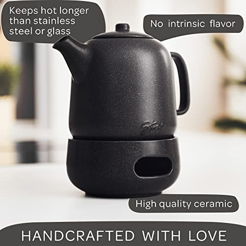 Steinzeit Design Tea Pot with Warmer (44 oz) - Premium Ceramic Teapot with Infuser for Loose Tea - Black Teapot Ceramic with Removable Steamer - size: 44 oz with warmer