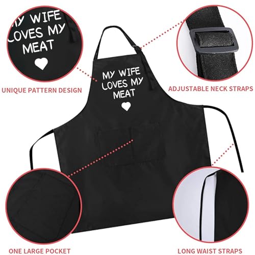 Rosoz Funny BBQ Black Chef Aprons for Men Adjustable Kitchen Cooking Aprons - color: My Wife Loves My Meat