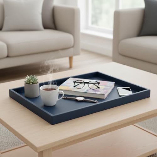 30 * 16 Inch Rectangular Ottoman Tray | Textured PU Leather, Waterproof & Heat-Resistant Storage for Coffee/Dining Tables, Sofa, Bed, Entertainment & Party (Navy Blue, 30 * 16in) - color: Navy Blue, size: 30" x 16" x 1.1"