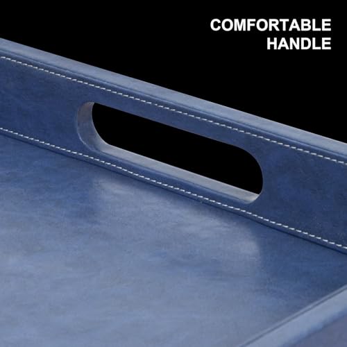 20 x 14 inches Leather Rectangle Serving Tray with Hole Handles,High-End Light Large Service Tray for Ottoman Tray, Tea, Food, Butler - Countertop, Kitchen,Family Dinner, Picnic (Blue) - color: Blue, size: 20" x 14" x 2"