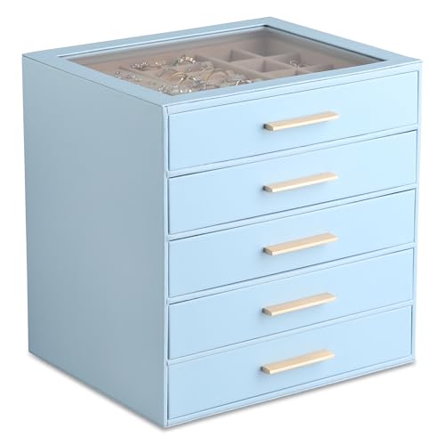 Frebeauty Jewelry Box for Women,Clear Lid Jewelry Organizer with 5 Drawers - color: Sky Blue, size: 5 Drawer