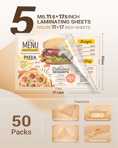 Uinkit 5mil Heavy-Duty 50Pack Laminating Pouches Menu Size 11.5"x17.5" - color: Glossy, size: 5mil 50 Pack
