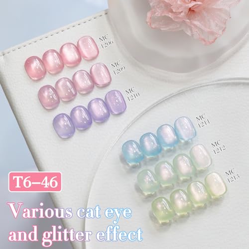 Double Rhythm Cat Eye Gel Nail Polish Set of 6 Same Color Same Bottle 0.5 Oz Shimmer Glitter with Magnet Holographic Reflective Magnetic UV Nail Polish Kit at Home (Rose Green Pink Purple-T6-46) - color: Rose Green Pink Purple