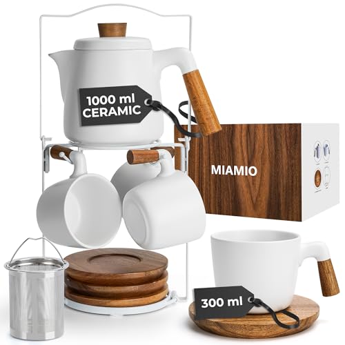 MIAMIO - Teapot Set with 4 Cups & Rack (34/10 oz) with Infuser (White) - color: White