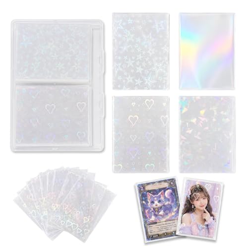 200 Pcs Holographic Card Sleeves 65x91mm, Clear Kpop Photocard Sleeves, Laser Flashing Trading Card Protectors for Photo Cards, TCG, Sports Cards and Collectible Cards, 4 Designs