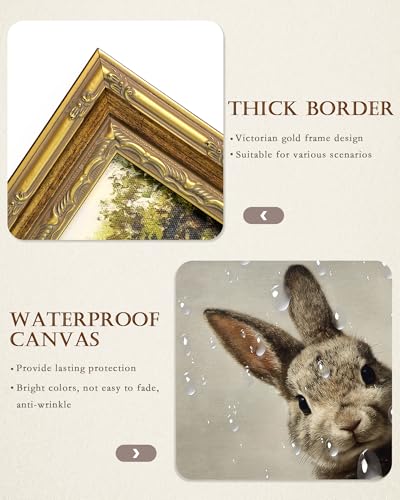 Vodefoad Vintage Rabbit Gold Framed Wall Art, Easter Peeking Bunny Canvas Wall Art Print, Antique Animal Neutral Vintage Artwork Pictures, Farmhouse Easter Framed Decor, Moody Rabbit Art for Gallery Bedroom Kitchen Office Living Room Bathroom Decor - 9x12