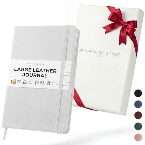 BEECHMORE BOOKS Lined Journal Notebook, 8.5" x 11.5", A4 160 Lined Pages, Hardcover Leather Journals for Women, Men, Writing and Notebooks for Work - 120 GSM Thick Paper, Gifts Box Included - color: Snow White, size: A4 - 8.5" x 11.5" Large